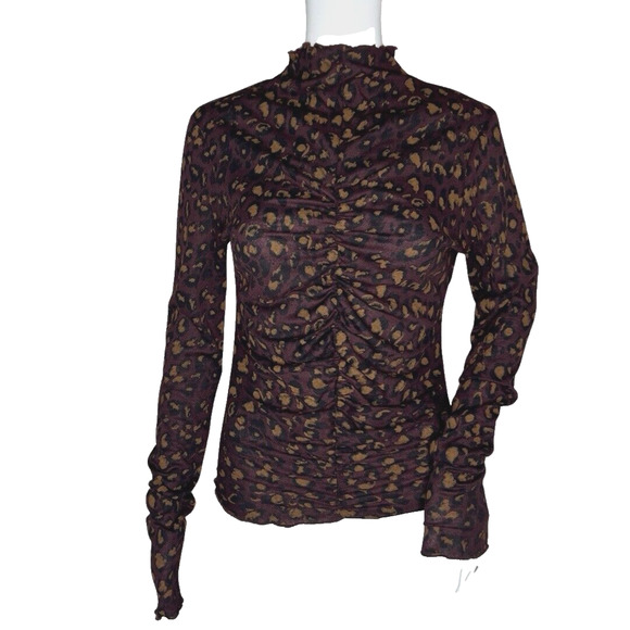 Free People Shirt Womens Medium Purple Cheetah Print Turtleneck Ruched Edgy Rock - Picture 1 of 7